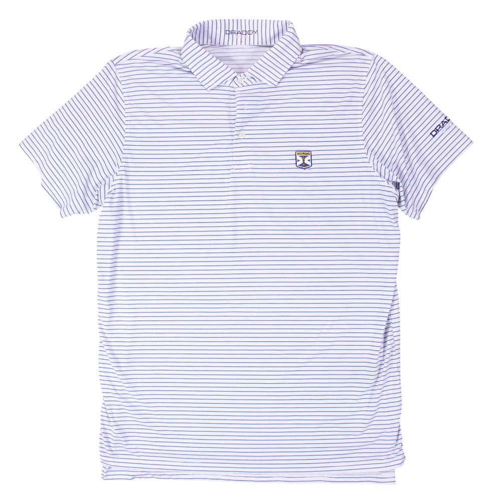 B Draddy Sport Mens L White Blue Striped Kinloch Golf Polo Performance Shirt